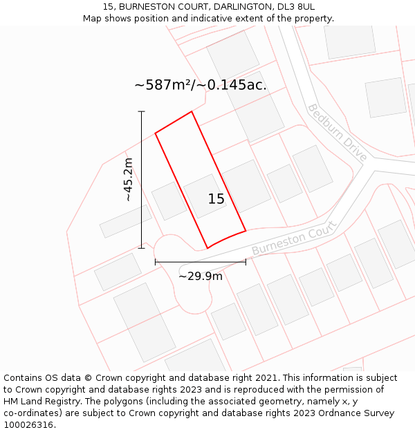 15, BURNESTON COURT, DARLINGTON, DL3 8UL: Plot and title map