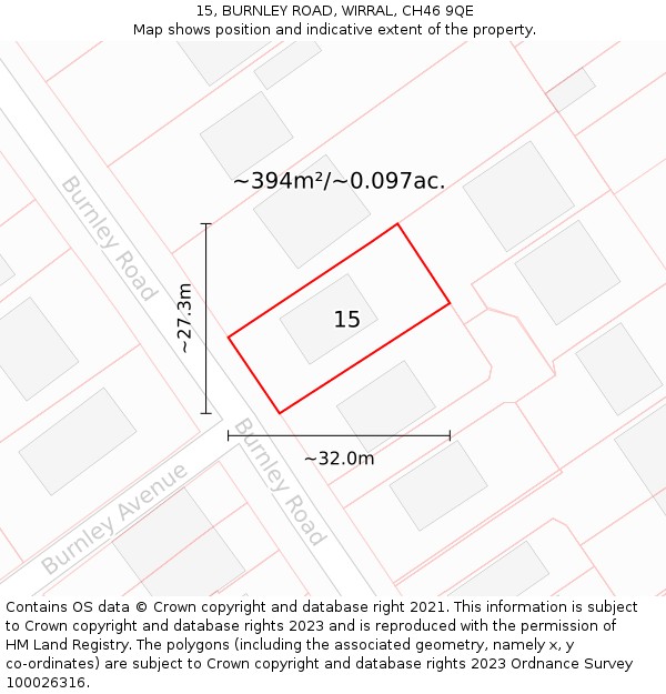 15, BURNLEY ROAD, WIRRAL, CH46 9QE: Plot and title map