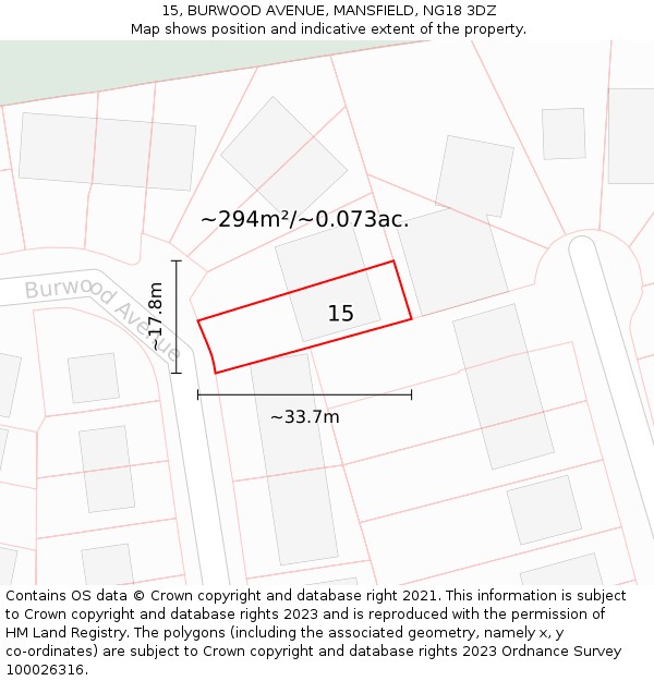 15, BURWOOD AVENUE, MANSFIELD, NG18 3DZ: Plot and title map