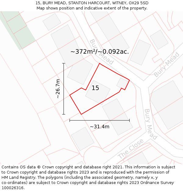 15, BURY MEAD, STANTON HARCOURT, WITNEY, OX29 5SD: Plot and title map