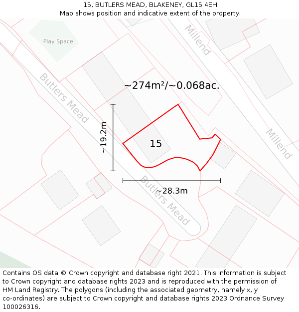 15, BUTLERS MEAD, BLAKENEY, GL15 4EH: Plot and title map