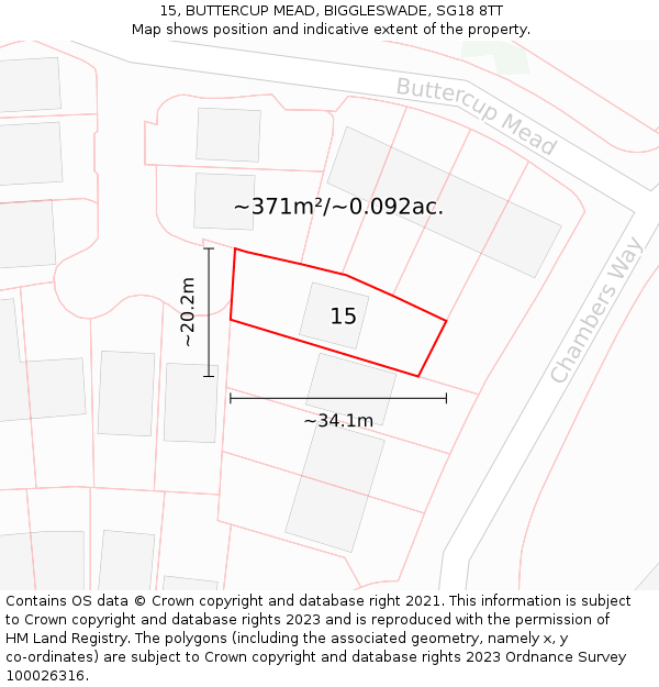 15, BUTTERCUP MEAD, BIGGLESWADE, SG18 8TT: Plot and title map