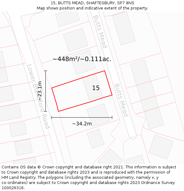 15, BUTTS MEAD, SHAFTESBURY, SP7 8NS: Plot and title map