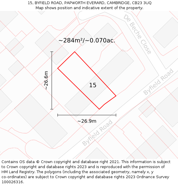 15, BYFIELD ROAD, PAPWORTH EVERARD, CAMBRIDGE, CB23 3UQ: Plot and title map