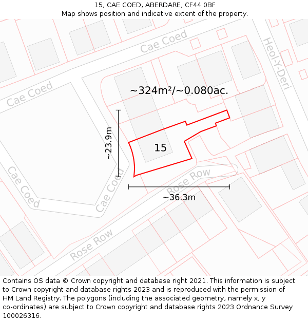 15, CAE COED, ABERDARE, CF44 0BF: Plot and title map