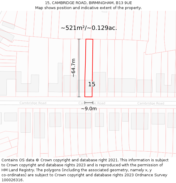 15, CAMBRIDGE ROAD, BIRMINGHAM, B13 9UE: Plot and title map