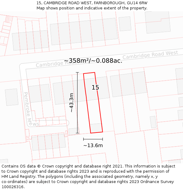 15, CAMBRIDGE ROAD WEST, FARNBOROUGH, GU14 6RW: Plot and title map
