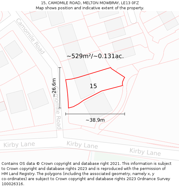 15, CAMOMILE ROAD, MELTON MOWBRAY, LE13 0FZ: Plot and title map