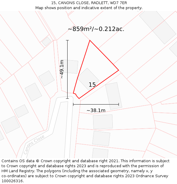 15, CANONS CLOSE, RADLETT, WD7 7ER: Plot and title map