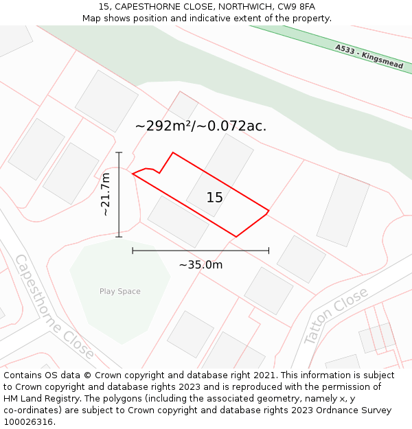 15, CAPESTHORNE CLOSE, NORTHWICH, CW9 8FA: Plot and title map