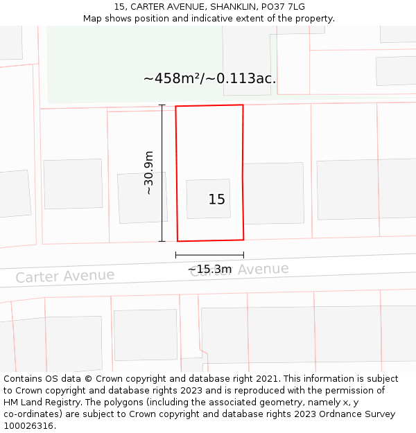 15, CARTER AVENUE, SHANKLIN, PO37 7LG: Plot and title map