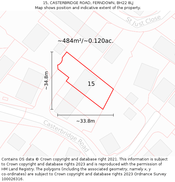 15, CASTERBRIDGE ROAD, FERNDOWN, BH22 8LJ: Plot and title map