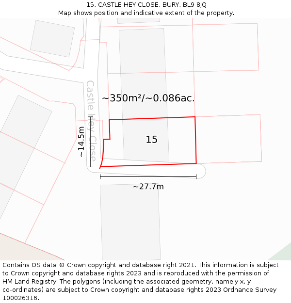 15, CASTLE HEY CLOSE, BURY, BL9 8JQ: Plot and title map