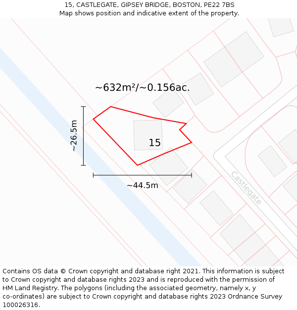 15, CASTLEGATE, GIPSEY BRIDGE, BOSTON, PE22 7BS: Plot and title map