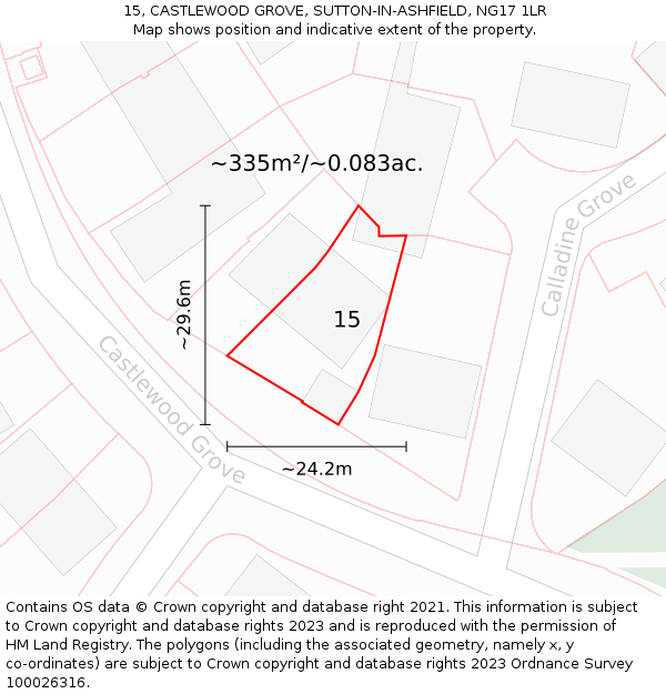 15, CASTLEWOOD GROVE, SUTTON-IN-ASHFIELD, NG17 1LR: Plot and title map