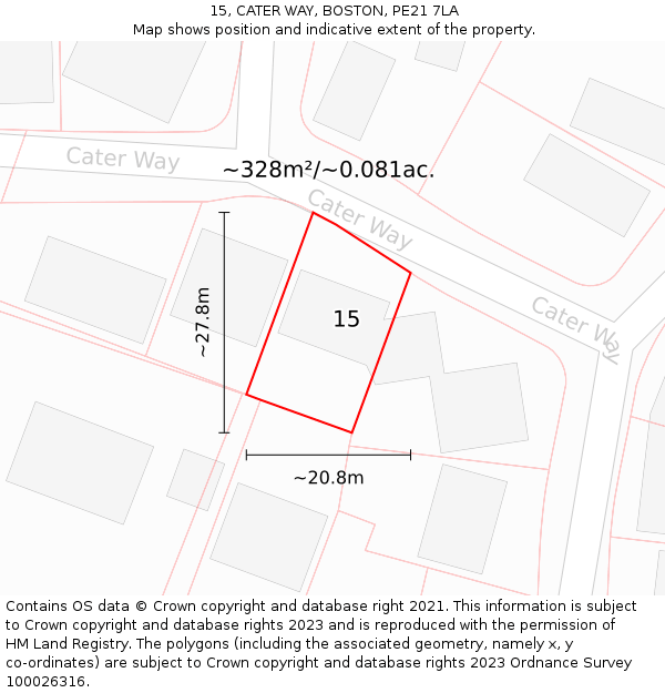 15, CATER WAY, BOSTON, PE21 7LA: Plot and title map