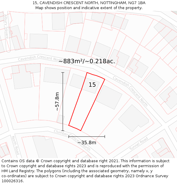 15, CAVENDISH CRESCENT NORTH, NOTTINGHAM, NG7 1BA: Plot and title map