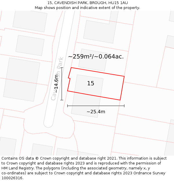 15, CAVENDISH PARK, BROUGH, HU15 1AU: Plot and title map