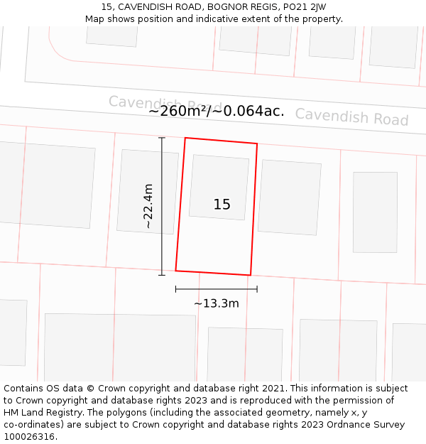 15, CAVENDISH ROAD, BOGNOR REGIS, PO21 2JW: Plot and title map