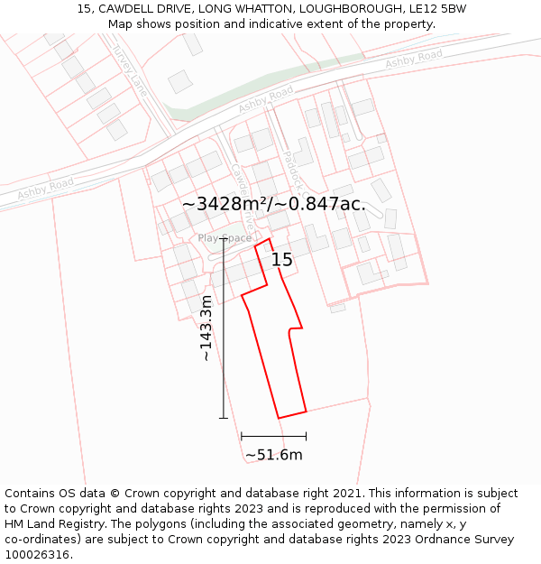 15, CAWDELL DRIVE, LONG WHATTON, LOUGHBOROUGH, LE12 5BW: Plot and title map