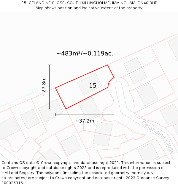 15, CELANDINE CLOSE, SOUTH KILLINGHOLME, IMMINGHAM, DN40 3HP: Plot and title map