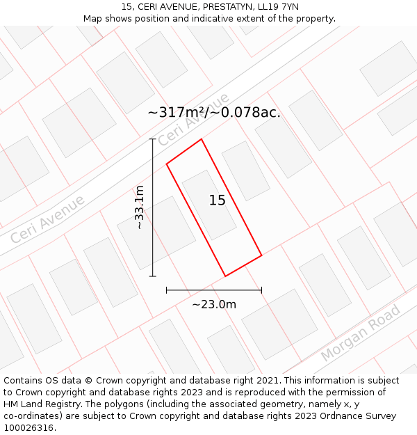 15, CERI AVENUE, PRESTATYN, LL19 7YN: Plot and title map