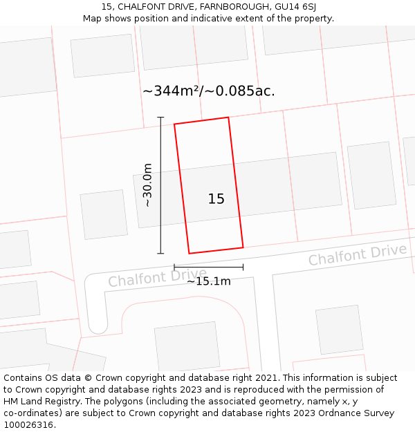 15, CHALFONT DRIVE, FARNBOROUGH, GU14 6SJ: Plot and title map