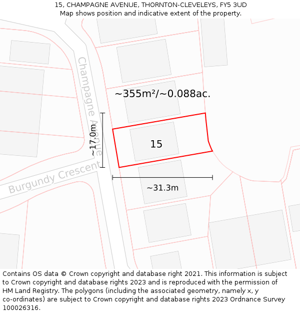 15, CHAMPAGNE AVENUE, THORNTON-CLEVELEYS, FY5 3UD: Plot and title map