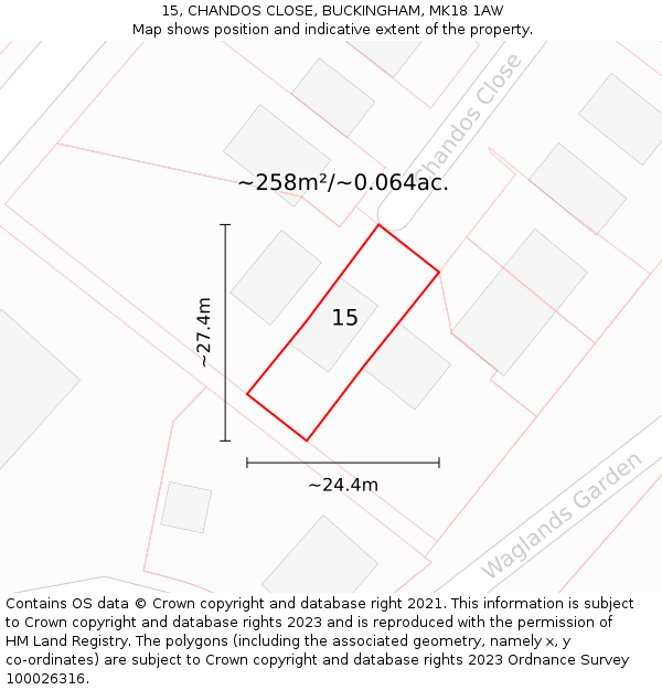 15, CHANDOS CLOSE, BUCKINGHAM, MK18 1AW: Plot and title map