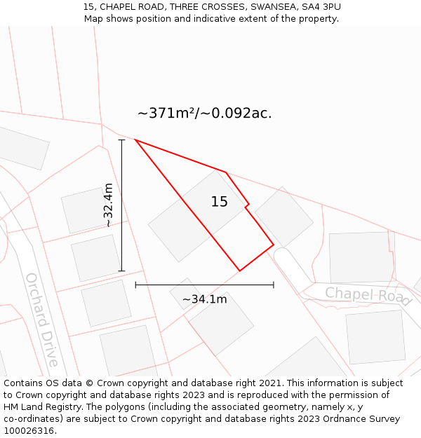 15, CHAPEL ROAD, THREE CROSSES, SWANSEA, SA4 3PU: Plot and title map