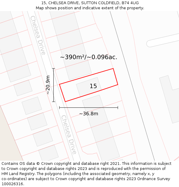 15, CHELSEA DRIVE, SUTTON COLDFIELD, B74 4UG: Plot and title map