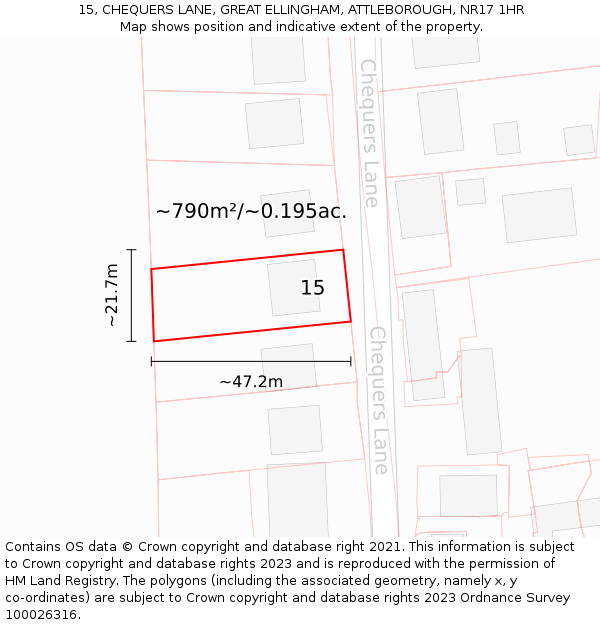 15, CHEQUERS LANE, GREAT ELLINGHAM, ATTLEBOROUGH, NR17 1HR: Plot and title map