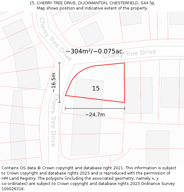 15, CHERRY TREE DRIVE, DUCKMANTON, CHESTERFIELD, S44 5JL: Plot and title map