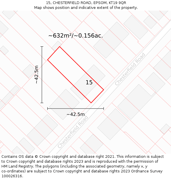 15, CHESTERFIELD ROAD, EPSOM, KT19 9QR: Plot and title map