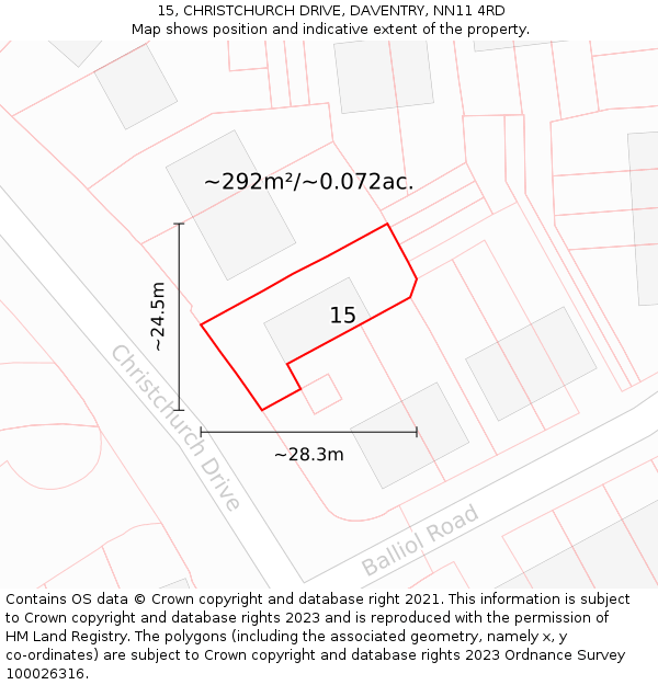 15, CHRISTCHURCH DRIVE, DAVENTRY, NN11 4RD: Plot and title map