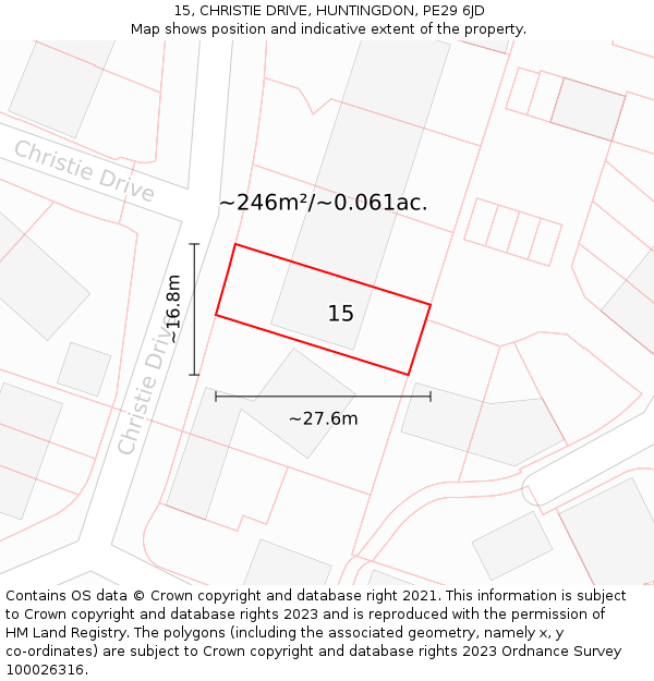 15, CHRISTIE DRIVE, HUNTINGDON, PE29 6JD: Plot and title map