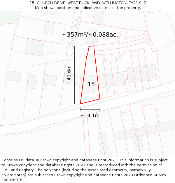 15, CHURCH DRIVE, WEST BUCKLAND, WELLINGTON, TA21 9LZ: Plot and title map