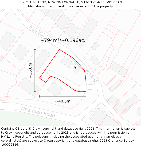 15, CHURCH END, NEWTON LONGVILLE, MILTON KEYNES, MK17 0AG: Plot and title map