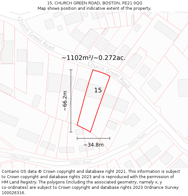 15, CHURCH GREEN ROAD, BOSTON, PE21 0QG: Plot and title map