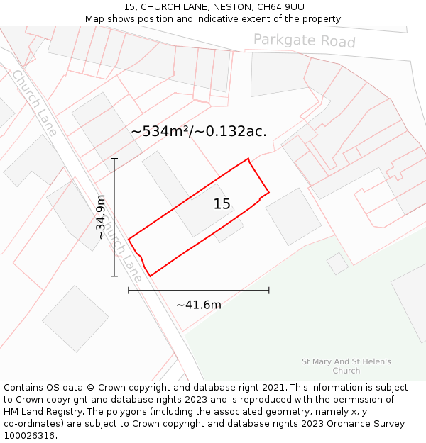 15, CHURCH LANE, NESTON, CH64 9UU: Plot and title map