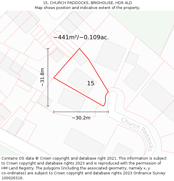 15, CHURCH PADDOCKS, BRIGHOUSE, HD6 4LD: Plot and title map