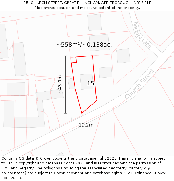 15, CHURCH STREET, GREAT ELLINGHAM, ATTLEBOROUGH, NR17 1LE: Plot and title map