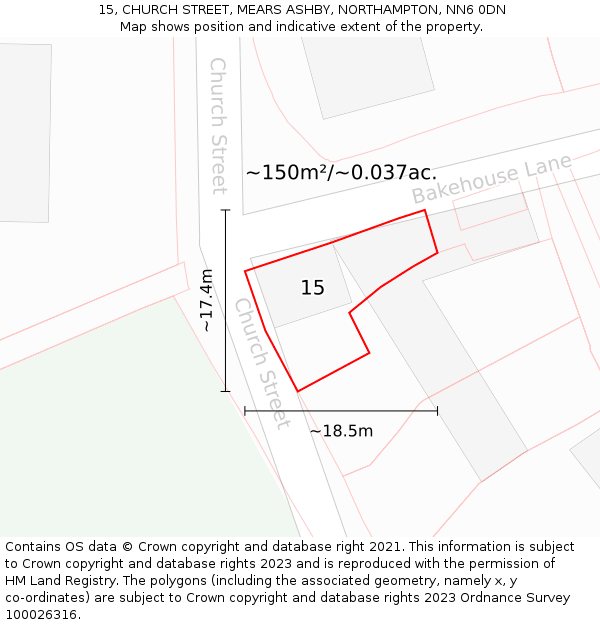 15, CHURCH STREET, MEARS ASHBY, NORTHAMPTON, NN6 0DN: Plot and title map