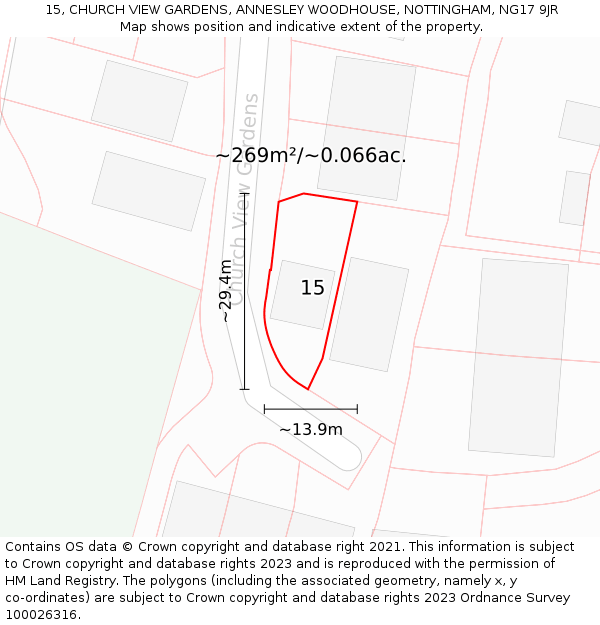 15, CHURCH VIEW GARDENS, ANNESLEY WOODHOUSE, NOTTINGHAM, NG17 9JR: Plot and title map