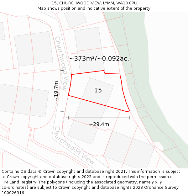 15, CHURCHWOOD VIEW, LYMM, WA13 0PU: Plot and title map