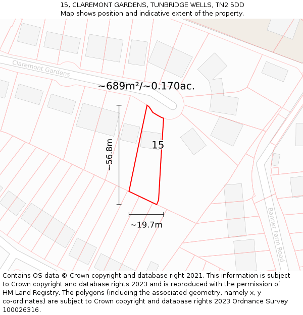 15, CLAREMONT GARDENS, TUNBRIDGE WELLS, TN2 5DD: Plot and title map