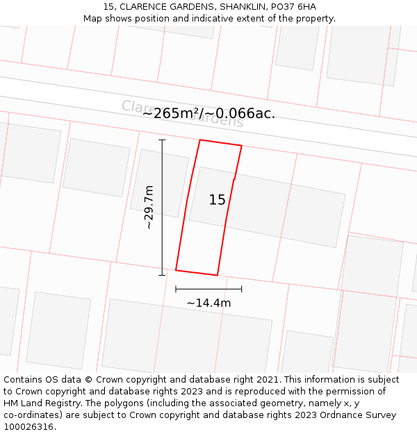 15, CLARENCE GARDENS, SHANKLIN, PO37 6HA: Plot and title map