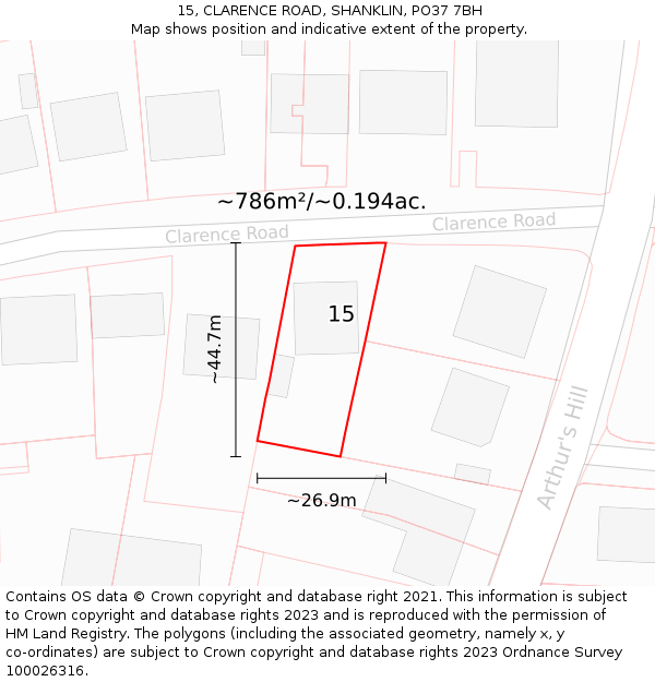 15, CLARENCE ROAD, SHANKLIN, PO37 7BH: Plot and title map