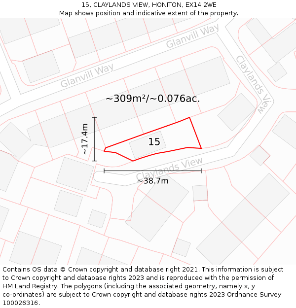15, CLAYLANDS VIEW, HONITON, EX14 2WE: Plot and title map