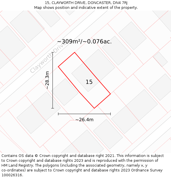 15, CLAYWORTH DRIVE, DONCASTER, DN4 7RJ: Plot and title map